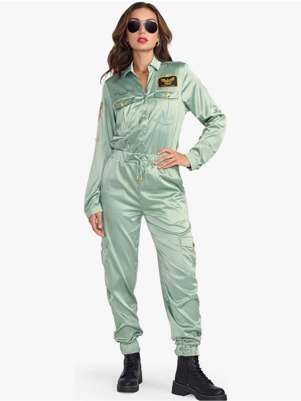 Tipsy Elves Satin Sage Green Utility Pilot  Jumpsuit NWT size Medium